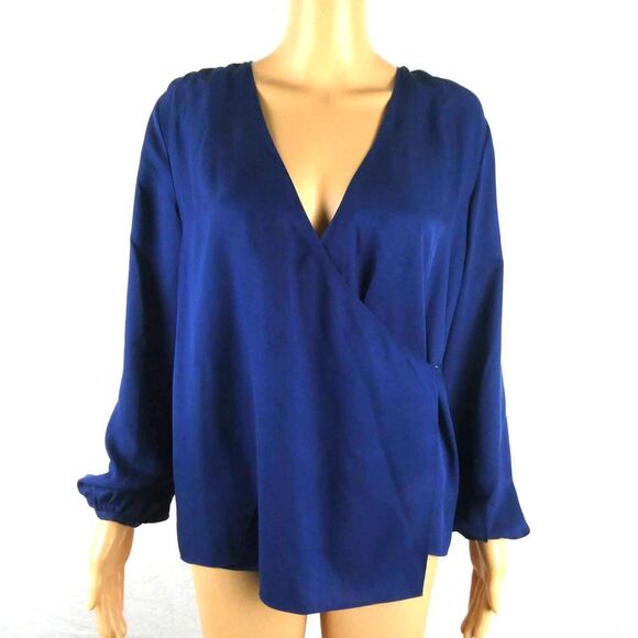 Theory Wrap Blouse Long Gathered Sleeve V Neck Button Blue Silk Small Career - Picture 1 of 11